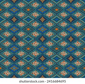 Modernes geometrisches Muster mit Diamanten, Streifen, diagonalen Linien. Ikat-Druck. Zigzag chevron abstrakte Illustration. Stammesethnische Vektorstruktur. Aztec-Stil. Folkstickerei. skandinavischer, afrikanischer Teppich