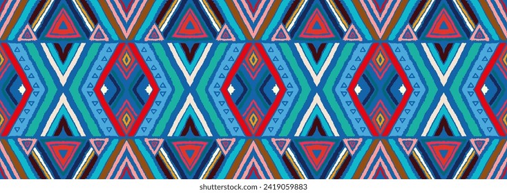 Modernes geometrisches Muster mit Diamanten, Streifen, diagonalen Linien. Ikat-Druck. Zigzag chevron abstrakte Illustration. Stammesethnische Vektorstruktur. Aztec-Stil. Folkstickerei. skandinavischer, afrikanischer Teppich