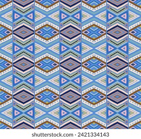 Modern geometric pattern with diamonds, stripes, diagonal lines. Ikat print. Zigzag chevron abstract illustration. Tribal ethnic vector texture. Aztec style. Folk embroidery. Scandinavian, African rug