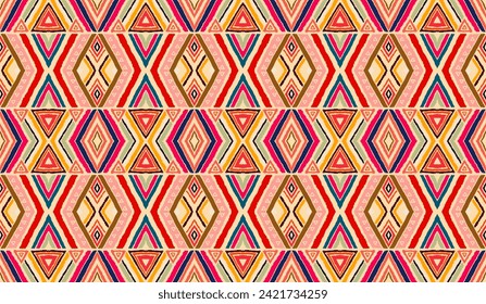 Modern geometric pattern with diamonds, stripes, diagonal lines. Ikat print. Zigzag chevron abstract illustration. Tribal ethnic vector texture. Aztec style. Folk embroidery. Scandinavian, African rug