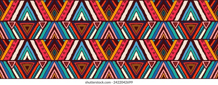 Modern geometric pattern with diamonds, stripes, diagonal lines. Ikat print. Zigzag chevron abstract illustration. Tribal ethnic vector texture. Aztec style. Folk embroidery. Scandinavian, African rug