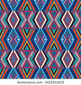 Modern geometric pattern with diamonds, stripes, diagonal lines. Ikat print. Zigzag chevron abstract illustration. Tribal ethnic vector texture. Aztec style. Folk embroidery. Scandinavian, African rug