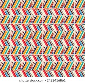 Modernes geometrisches Muster mit Diamanten, Streifen, diagonalen Linien. Ikat-Druck. Zigzag chevron abstrakte Illustration. Stammesethnische Vektorstruktur. Aztec-Stil. Folkstickerei. skandinavischer, afrikanischer Teppich