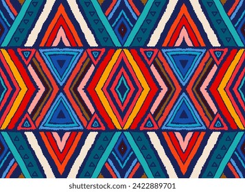 Modern geometric pattern with diamonds, stripes, diagonal lines. Ikat print. Zigzag chevron abstract illustration. Tribal ethnic vector texture. Aztec style. Folk embroidery. Scandinavian, African rug