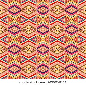 Modern geometric pattern with diamonds, stripes, diagonal lines. Ikat print. Zigzag chevron abstract illustration. Tribal ethnic vector texture. Aztec style. Folk embroidery. Scandinavian, African rug