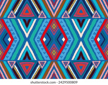 Modern geometric pattern with diamonds, stripes, diagonal lines. Ikat print. Zigzag chevron abstract illustration. Tribal ethnic vector texture. Aztec style. Folk embroidery. Scandinavian, African rug