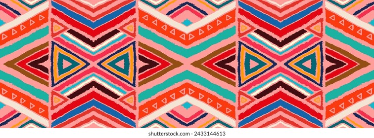 Modern geometric pattern with diamonds, stripes, diagonal lines. Ikat print. Zigzag chevron abstract illustration. Tribal ethnic vector texture. Aztec style. Folk embroidery. Scandinavian, African rug