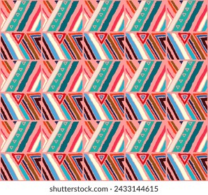 Patrón geométrico moderno con diamantes, rayas, líneas diagonales. Impresión de Ikat. Ilustración abstracta del chevron del zigzag. Textura de vector étnico tribal. Estilo azteca. Bordado popular. Alfombra escandinava, africana
