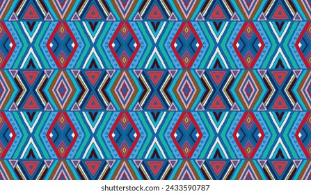 Modern geometric pattern with diamonds, stripes, diagonal lines. Ikat print. Zigzag chevron abstract illustration. Tribal ethnic vector texture. Aztec style. Folk embroidery. Scandinavian, African rug