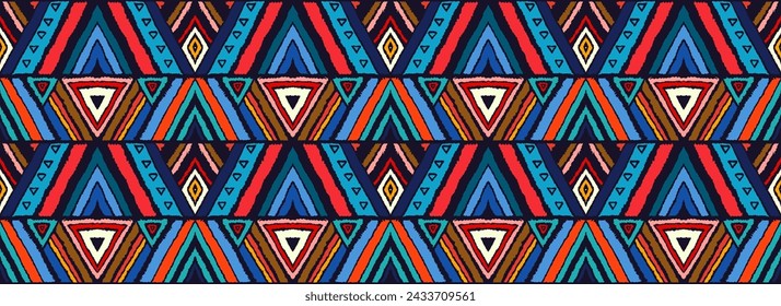 Modern geometric pattern with diamonds, stripes, diagonal lines. Ikat print. Zigzag chevron abstract illustration. Tribal ethnic vector texture. Aztec style. Folk embroidery. Scandinavian, African rug