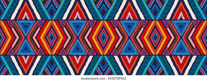 Modern geometric pattern with diamonds, stripes, diagonal lines. Ikat print. Zigzag chevron abstract illustration. Tribal ethnic vector texture. Aztec style. Folk embroidery. Scandinavian, African rug