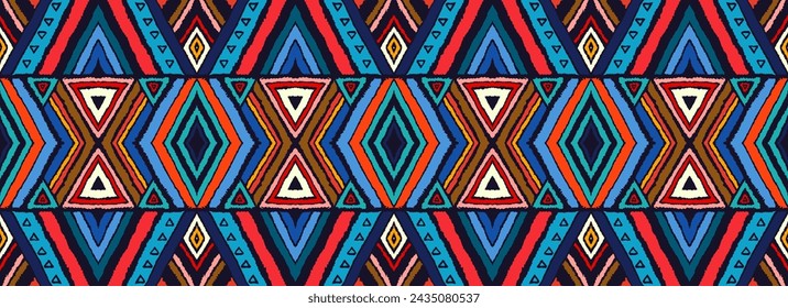 Modern geometric pattern with diamonds, stripes, diagonal lines. Ikat print. Zigzag chevron abstract illustration. Tribal ethnic vector texture. Aztec style. Folk embroidery. Scandinavian, African rug