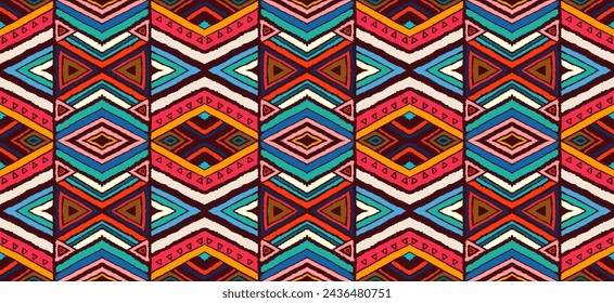 Modern geometric pattern with diamonds, stripes, diagonal lines. Ikat print. Zigzag chevron abstract illustration. Tribal ethnic vector texture. Aztec style. Folk embroidery. Scandinavian, African rug