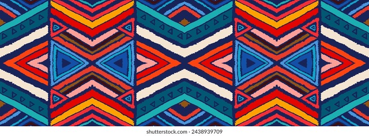 Modern geometric pattern with diamonds, stripes, diagonal lines. Ikat print. Zigzag chevron abstract illustration. Tribal ethnic vector texture. Aztec style. Folk embroidery. Scandinavian, African rug