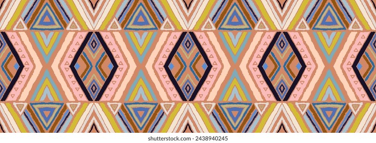 Modernes geometrisches Muster mit Diamanten, Streifen, diagonalen Linien. Ikat-Druck. Zickzack Chevron abstrakte Illustration. Textur von ethnischen Vektoren. Azteken-Stil. Volksstickerei. Skandinavischer, afrikanischer Teppich