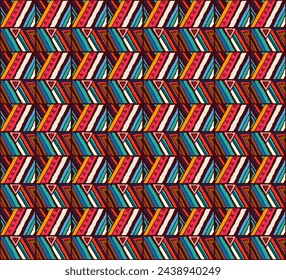 Modernes geometrisches Muster mit Diamanten, Streifen, diagonalen Linien. Ikat-Druck. Zickzack Chevron abstrakte Illustration. Textur von ethnischen Vektoren. Azteken-Stil. Volksstickerei. Skandinavischer, afrikanischer Teppich