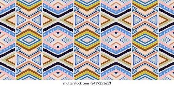 Modern geometric pattern with diamonds, stripes, diagonal lines. Ikat print. Zigzag chevron abstract illustration. Tribal ethnic vector texture. Aztec style. Folk embroidery. Scandinavian, African rug