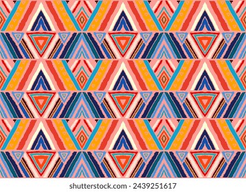 Modern geometric pattern with diamonds, stripes, diagonal lines. Ikat print. Zigzag chevron abstract illustration. Tribal ethnic vector texture. Aztec style. Folk embroidery. Scandinavian, African rug