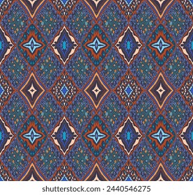 Modern geometric pattern with diamonds, stripes, diagonal lines. Ikat print. Zigzag chevron abstract illustration. Tribal ethnic vector texture. Aztec style. Folk embroidery. Scandinavian, African rug