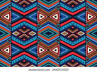 Modern geometric pattern with diamonds, stripes, diagonal lines. Ikat print. Zigzag chevron abstract illustration. Tribal ethnic vector texture. Aztec style. Folk embroidery. Scandinavian, African rug