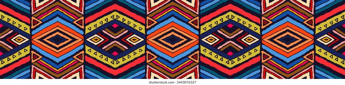 Modern geometric pattern with diamonds, stripes, diagonal lines. Ikat print. Zigzag chevron abstract illustration. Tribal ethnic vector texture. Aztec style. Folk embroidery. Scandinavian, African rug