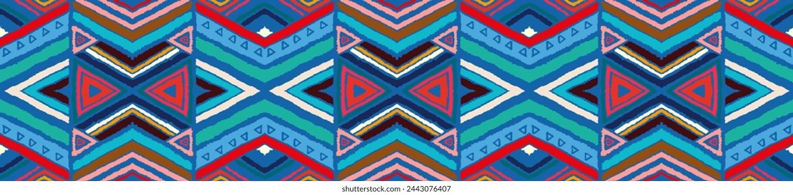 Modern geometric pattern with diamonds, stripes, diagonal lines. Ikat print. Zigzag chevron abstract illustration. Tribal ethnic vector texture. Aztec style. Folk embroidery. Scandinavian, African rug