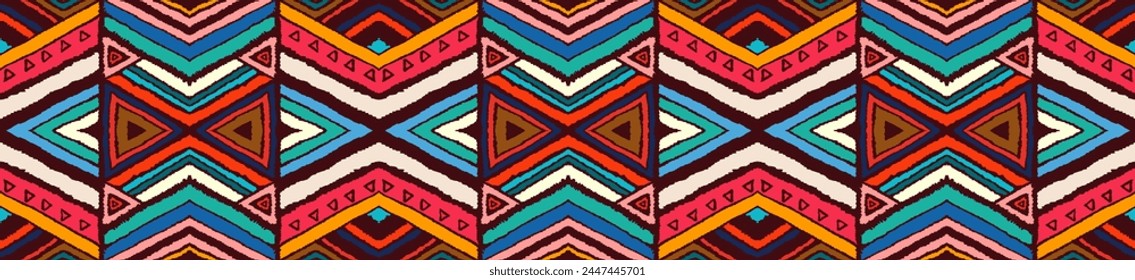 Modern geometric pattern with diamonds, stripes, diagonal lines. Ikat print. Zigzag chevron abstract illustration. Tribal ethnic vector texture. Aztec style. Folk embroidery. Scandinavian, African rug