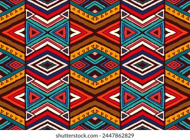 Modern geometric pattern with diamonds, stripes, diagonal lines. Ikat print. Zigzag chevron abstract illustration. Tribal ethnic vector texture. Aztec style. Folk embroidery. Scandinavian, African rug