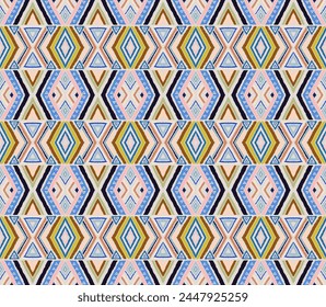 Modern geometric pattern with diamonds, stripes, diagonal lines. Ikat print. Zigzag chevron abstract illustration. Tribal ethnic vector texture. Aztec style. Folk embroidery. Scandinavian, African rug
