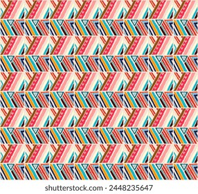 Modern geometric pattern with diamonds, stripes, diagonal lines. Ikat print. Zigzag chevron abstract illustration. Tribal ethnic vector texture. Aztec style. Folk embroidery. Scandinavian, African rug