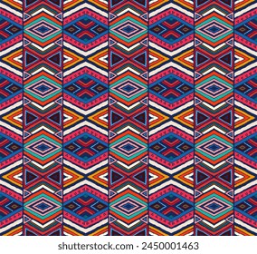 Modern geometric pattern with diamonds, stripes, diagonal lines. Ikat print. Zigzag chevron abstract illustration. Tribal ethnic vector texture. Aztec style. Folk embroidery. Scandinavian, African rug