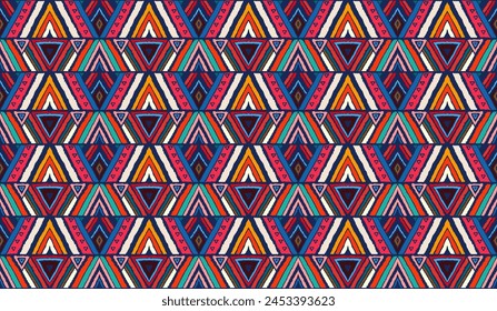 Modern geometric pattern with diamonds, stripes, diagonal lines. Ikat print. Zigzag chevron abstract illustration. Tribal ethnic vector texture. Aztec style. Folk embroidery. Scandinavian, African rug