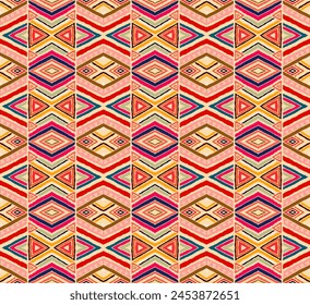 Modern geometric pattern with diamonds, stripes, diagonal lines. Ikat print. Zigzag chevron abstract illustration. Tribal ethnic vector texture. Aztec style. Folk embroidery. Scandinavian, African rug
