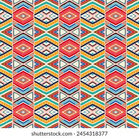 Modern geometric pattern with diamonds, stripes, diagonal lines. Ikat print. Zigzag chevron abstract illustration. Tribal ethnic vector texture. Aztec style. Folk embroidery. Scandinavian, African rug