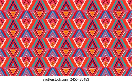 Modern geometric pattern with diamonds, stripes, diagonal lines. Ikat print. Zigzag chevron abstract illustration. Tribal ethnic vector texture. Aztec style. Folk embroidery. Scandinavian, African rug