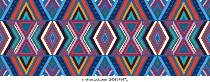 Modern geometric pattern with diamonds, stripes, diagonal lines. Ikat print. Zigzag chevron abstract illustration. Tribal ethnic vector texture. Aztec style. Folk embroidery. Scandinavian, African rug