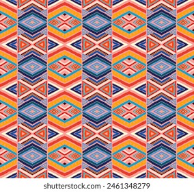 Modern geometric pattern with diamonds, stripes, diagonal lines. Ikat print. Zigzag chevron abstract illustration. Tribal ethnic vector texture. Aztec style. Folk embroidery. Scandinavian, African rug