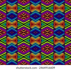 Modern geometric pattern with diamonds, stripes, diagonal lines. Ikat print. Zigzag chevron abstract illustration. Tribal ethnic vector texture. Aztec style. Folk embroidery. Scandinavian, African rug