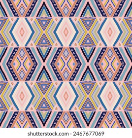 Modern geometric pattern with diamonds, stripes, diagonal lines. Ikat print. Zigzag chevron abstract illustration. Tribal ethnic vector texture. Aztec style. Folk embroidery. Scandinavian, African rug