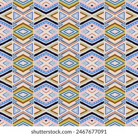 Modern geometric pattern with diamonds, stripes, diagonal lines. Ikat print. Zigzag chevron abstract illustration. Tribal ethnic vector texture. Aztec style. Folk embroidery. Scandinavian, African rug