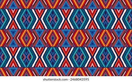 Modern geometric pattern with diamonds, stripes, diagonal lines. Ikat print. Zigzag chevron abstract illustration. Tribal ethnic vector texture. Aztec style. Folk embroidery. Scandinavian, African rug