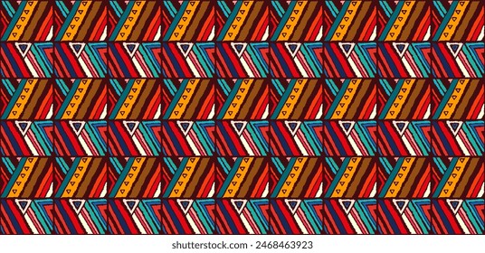 Modern geometric pattern with diamonds, stripes, diagonal lines. Ikat print. Zigzag chevron abstract illustration. Tribal ethnic vector texture. Aztec style. Folk embroidery. Scandinavian, African rug