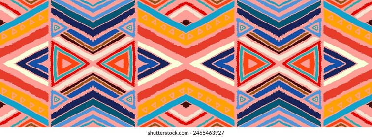 Modernes geometrisches Muster mit Diamanten, Streifen, diagonalen Linien. Ikat-Druck. Zickzack Chevron abstrakte Illustration. Textur der ethnischen Vektorgrafik. Azteken-Stil. Folk Stickerei. Skandinavischer, afrikanischer Teppich