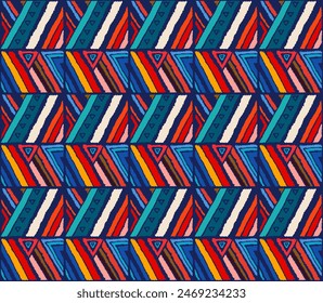 Modern geometric pattern with diamonds, stripes, diagonal lines. Ikat print. Zigzag chevron abstract illustration. Tribal ethnic vector texture. Aztec style. Folk embroidery. Scandinavian, African rug