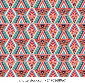 Modern geometric pattern with diamonds, stripes, diagonal lines. Ikat print. Zigzag chevron abstract illustration. Tribal ethnic vector texture. Aztec style. Folk embroidery. Scandinavian, African rug