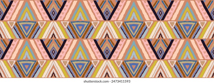 Modern geometric pattern with diamonds, stripes, diagonal lines. Ikat print. Zigzag chevron abstract illustration. Tribal ethnic vector texture. Aztec style. Folk embroidery. Scandinavian, African rug
