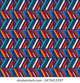 Modern geometric pattern with diamonds, stripes, diagonal lines. Ikat print. Zigzag chevron abstract illustration. Tribal ethnic vector texture. Aztec style. Folk embroidery. Scandinavian, African rug