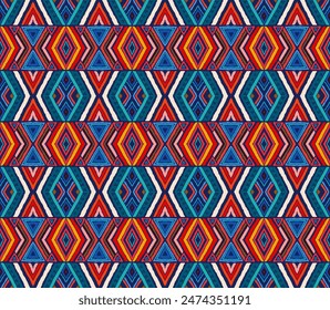 Modern geometric pattern with diamonds, stripes, diagonal lines. Ikat print. Zigzag chevron abstract illustration. Tribal ethnic vector texture. Aztec style. Folk embroidery. Scandinavian, African rug