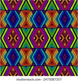 Modern geometric pattern with diamonds, stripes, diagonal lines. Ikat print. Zigzag chevron abstract illustration. Tribal ethnic vector texture. Aztec style. Folk embroidery. Scandinavian, African rug