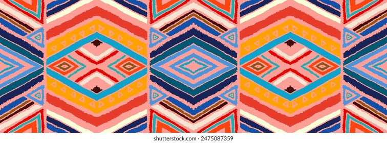 Modern geometric pattern with diamonds, stripes, diagonal lines. Ikat print. Zigzag chevron abstract illustration. Tribal ethnic vector texture. Aztec style. Folk embroidery. Scandinavian, African rug